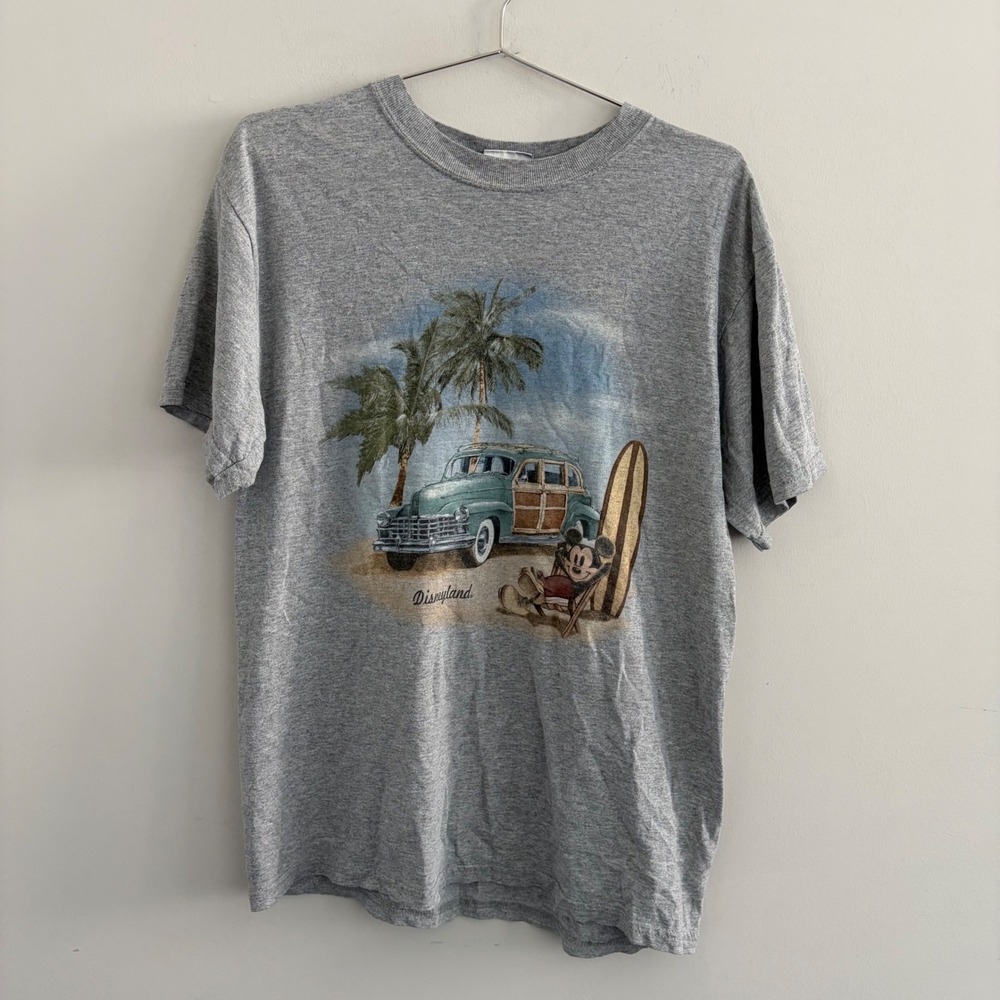 Disneyland Resort Mickey Mouse Surfing Woody Car Graphic T-Shirt Gray Mens